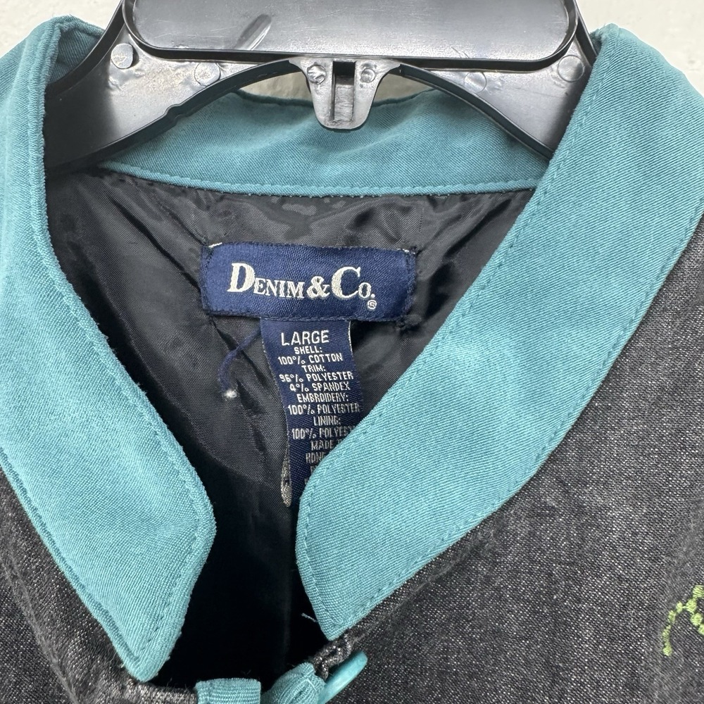 VTG Denim &‎ Co Black Denim Jacket Multicolor Embroidery Floral Women's Lg Y2K - Picture 2 of 8